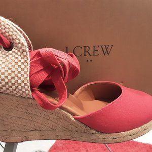 J CREW RED ANKLE WRAP ESPADRILLE WEDGES SIZE 8 WOMEN OR 38.5